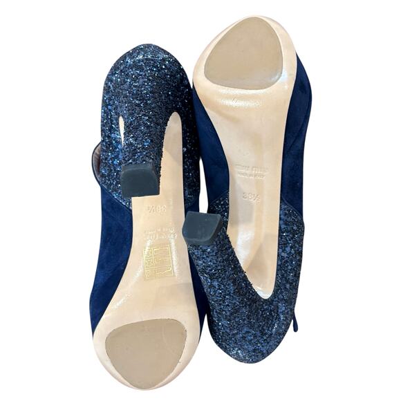 Miu Miu Blue Suede Glitter Accent Peep toe platform heels Size: 38.5 NWOT/box - Picture 9 of 13